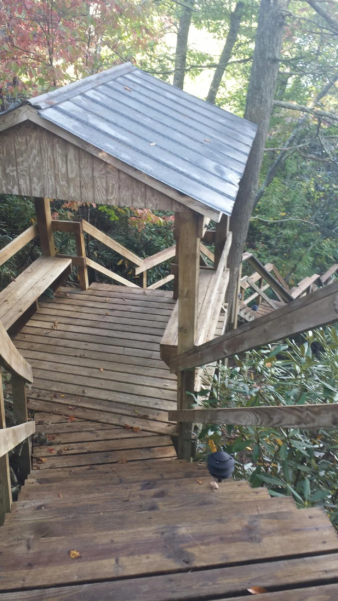 Metal roofed shelter over wooden steps on a wooded walkway — Skylight Repair & Installation work by our crew in Colo